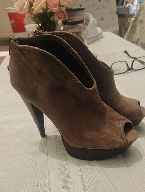 Carlos by Carlos Santana Brown Suede Peep-Toe High Heel Booties